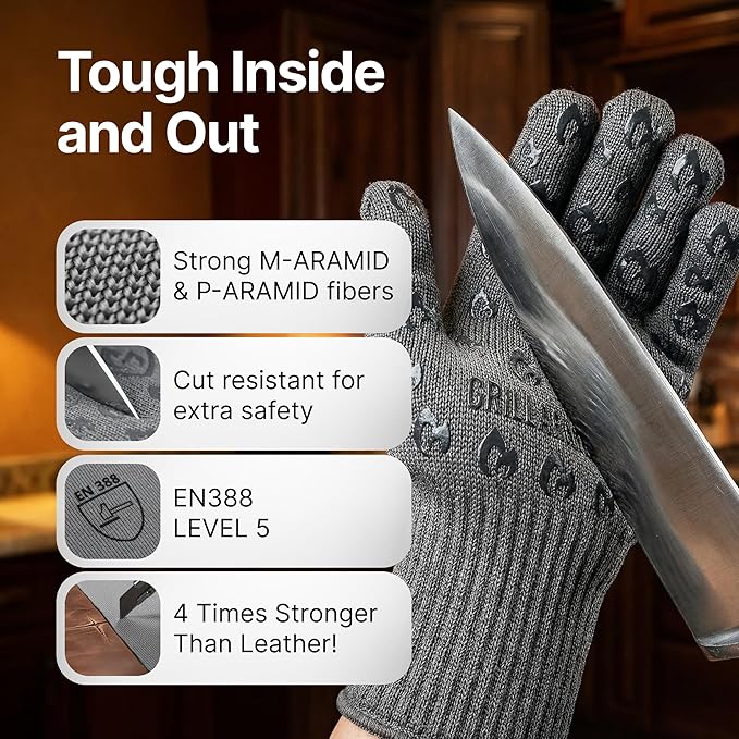 Oven Gloves with Fingers - 932°F Extreme Heat Proof and Cut Resistant Mitts for Kitchen, BBQ, Grill, Baking, Fire Pit - EN407 Certified with Non-Slip Silicone Grip and Cotton Lined for Comfort - Image 2