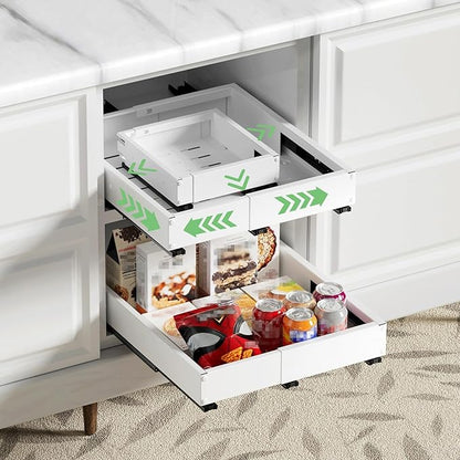 2 Pack Pull out Cabinet Organizer, Width (10"-15") Depth (11"-17"), with 3 Rails Adjustable Slide, Expandable Drawers for Cabinets, No Drill Adhesive Kitchen Drawers for Pantry Shelves white - Image 7