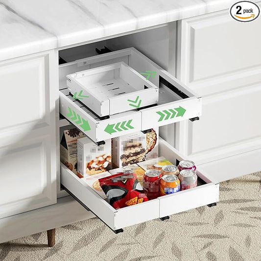 2 Pack Pull out Cabinet Organizer, Width (10"-15") Depth (11"-17"), with 3 Rails Adjustable Slide, Expandable Drawers for Cabinets, No Drill Adhesive Kitchen Drawers for Pantry Shelves white by BUFOR