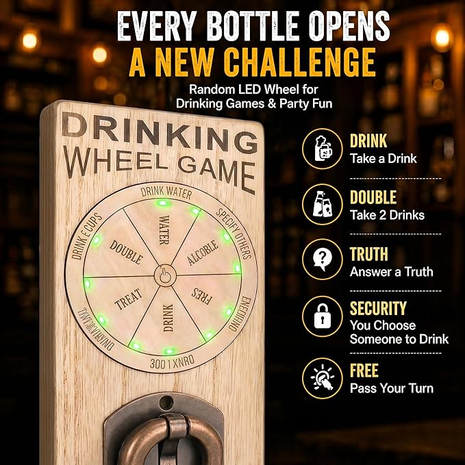 Magnetic Bottle Openers with Catcher, Wall Mounted Wooden Beer Bottle Opener with Game Roulette, Traceless Corkscrew, Home Bar Accessories for Kitchen, Outdoor, Ideal Beer Gifts for Men (Style 11)
