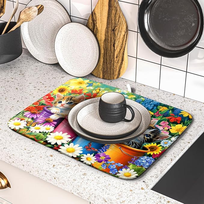 Funny Absorbent Dish Drying Mat Spring Cat Dish Drying Mats for Kitchen Counter Small - Image 5