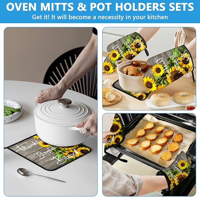 Sunflower Wood Grain Oven Mitts and Pot Holders Sets Heat Resistant 4Pcs Potholders Oven Gloves Hot Pads for Kitchen Baking Cooking Grilling BBQ