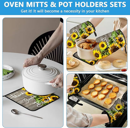 Sunflower Wood Grain Oven Mitts and Pot Holders Sets Heat Resistant 4Pcs Potholders Oven Gloves Hot Pads for Kitchen Baking Cooking Grilling BBQ