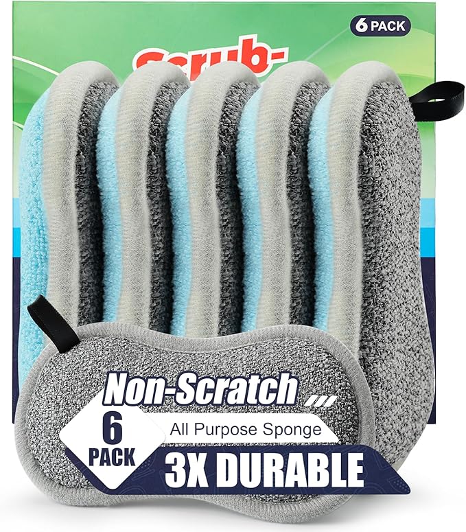 Dual Sided All-Purpose Sponges Kitchen,Dish Sponge for Washing Dishes Cleaning Kitchen,Non Scratch,Rough Scrubbers for Non-Stick Cookware, Soft Microfiber Scrub for Dishes(Bule,6Pack) by PANYEE