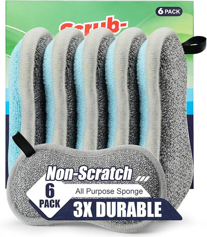 Dual Sided All-Purpose Sponges Kitchen,Dish Sponge for Washing Dishes Cleaning Kitchen,Non Scratch,Rough Scrubbers for Non-Stick Cookware, Soft Microfiber Scrub for Dishes(Bule,6Pack) by PANYEE