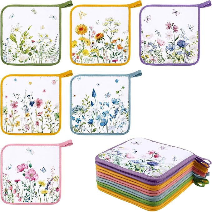 Bencailor 12 Pcs Pot Holders with Pocket Kitchen Hot Potholders Hot Pad Oven Mitts Cookie Bag Oven Gloves for Kitchen Gift Baking Cooking(Watercolor,Floral)