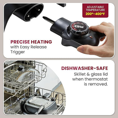 Elite Gourmet EG6201 Extra Deep 12"x12"x3.2" (7.5Qt.) Scratch Resistant Dishwasher Safe, Non-stick Electric Skillet with Glass Vented Lid, Adjustable Temperature, Black - Image 3