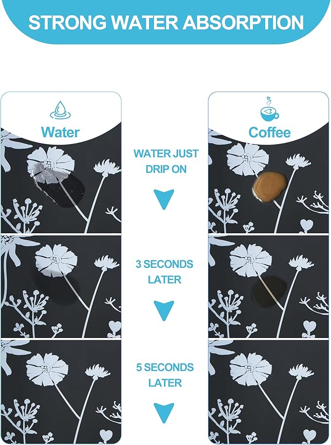 Dish Drying Mat for Kitchen Counter, 16"x24" Dish Drying Pad with Non-slip Rubber Backed, Hide Stain Anti Absorbent for Kitchen Counter, Drying Mat for Coffee Machine Dish Rack (Gray Daisy) - Image 2