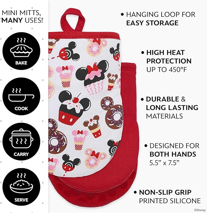 Disney Oven Mitts 2-Pack - 5.5” x 7.5” Heat-Resistant Mini Oven Mitts with Non-Slip Printed Silicone Disney Silhouettes - Pot Holders for Kitchen - Mickey & Minnie, Stitch, Winnie the Pooh