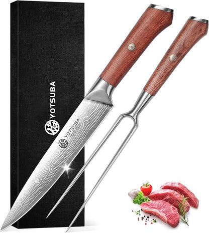 YOTSUBA Japanese Carving Knife and Fork Set, Razor-Sharp German Stainless Steel, Full Tang Ergonomic Rosewood Handle, Slicing Knife for Meats, BBQ & Brisket, Premium Gift Set