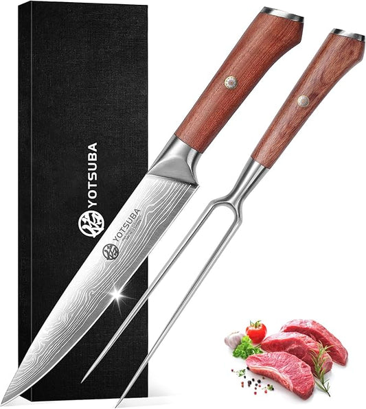 YOTSUBA Japanese Carving Knife and Fork Set, Razor-Sharp German Stainless Steel, Full Tang Ergonomic Rosewood Handle, Slicing Knife for Meats, BBQ & Brisket, Premium Gift Set