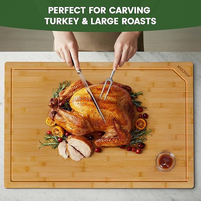 Kikcoin 36”×24” Bamboo Cutting Boards for Kitchen, Heavy Duty Wooden Cutting Boards, Healthy Extra Large Chopping Boards with Deep Juice Groove and Handle, Oversized Stove Top Cover, Natural - Image 4