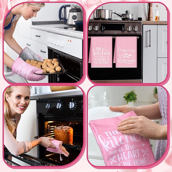 Sratte 6 Pcs Kitchen Decor Accessories Set Farmhouse Towels Pot Holders Oven Mitts Set 2 Dish Towels 2 Potholders 2 Cooking Mittens Oven Glove for Christmas Baking Cooking Supply(Pink,Kitchen) - Image 5