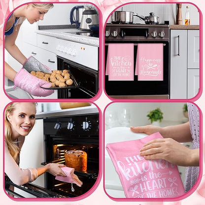 Sratte 6 Pcs Kitchen Decor Accessories Set Farmhouse Towels Pot Holders Oven Mitts Set 2 Dish Towels 2 Potholders 2 Cooking Mittens Oven Glove for Christmas Baking Cooking Supply(Pink,Kitchen) - Image 5