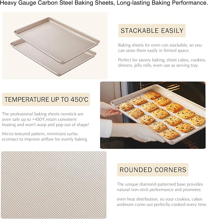 GIUOIDUO 2 Pack Half Sheet Baking Pans,Commercial Quality Baking Sheet Pan Set,Carbon Steel Cooking Pans, Non Stick Baking Sheet for Oven,Large Thick Cookie Tray Pans for Baking（17.5 * 11.8 * 1inch） - Image 2