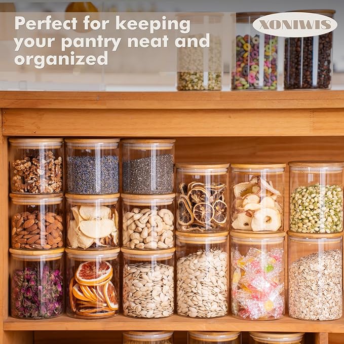 32oz 6PCS Round Airtight Glass Food Storage Jars, Clear Glass Food Storage Container with Bamboo Lid, Stackable Spice Jar, Kitchen Canister for Sugar, Tea, Coffee bean, Pasta, Oat, Spice