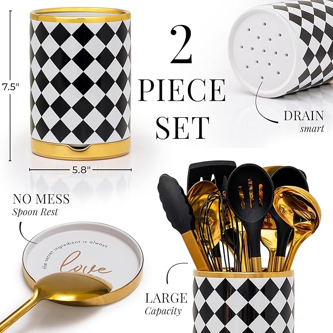 STYLED SETTINGS Black & White Checkered Utensil Holder Set – Large Ceramic Kitchen Utensil Holder for Countertop with Gold Spoon Rest – Stylish Checkered Kitchen Decor & Organizer - Image 7