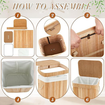 2 Pack 27 Gallon Bamboo Slim Trash Can with Lid Large Foldable Slim Rectangular Garbage Can Bamboo Waste Basket for Bathroom Bedroom Office Home Salon Spa (Wooden Color)