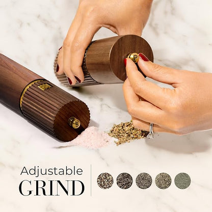 Wooden Salt and Pepper Grinder Set – Refillable Manual Salt and Pepper Mills with Adjustable Ceramic Burrs, Gold Detailing, and Wood Stand – Dark Wood - Image 2