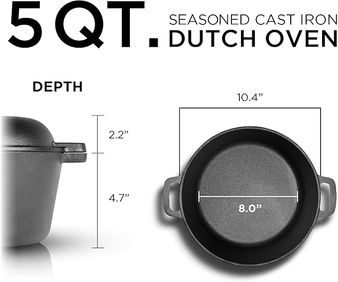 Commercial Chef 2-in-1 5-Qt. Dutch Oven with 10.25-Inch Skillet Lid, Pre-Seasoned Cast Iron, Works on All Cooktops Including Induction, Outdoor Cookware for Campfires or Grills, CHFL508 - Image 8