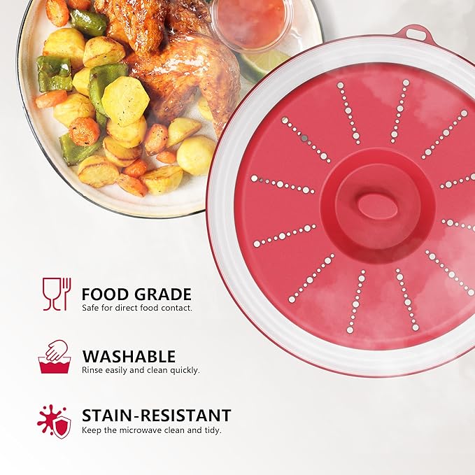 WVM Microwave Splatter Cover Vented for Food with Hook Hole, Splatter Guard & Colander Kitchen Gadget for Food, Meal Prep, Red - Image 3