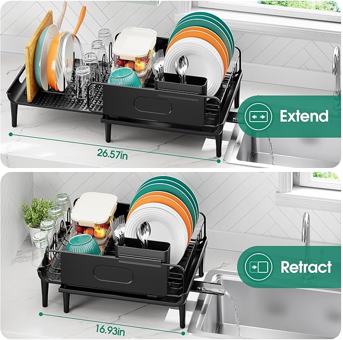 Large Extendable Dish Drying Rack, 16.93" to 26.57" Expandable Dish Rack for Kithen Counter, with Multifunctional Drainboard, Fits Any Sink, Heavy-Duty Steel Plate Drainer for Countertop Organization - Image 3