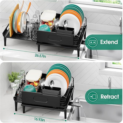 Large Extendable Dish Drying Rack, 16.93" to 26.57" Expandable Dish Rack for Kithen Counter, with Multifunctional Drainboard, Fits Any Sink, Heavy-Duty Steel Plate Drainer for Countertop Organization - Image 3