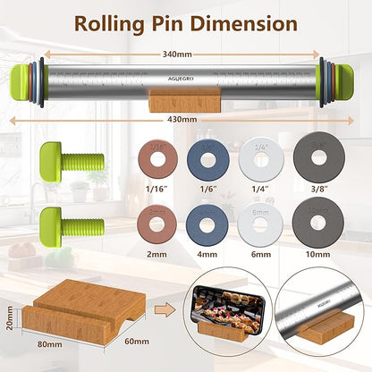 Stainless Steel Rolling Pin with Thickness Rings and Pastry Baking Mat for Baking, Fondant, Pizza, Pie, Cookies, Pastries, 13.6" Rolling Pin with 4 Multi-Color Thickness Rings and Wooden Stand