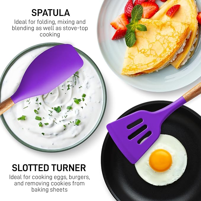 Zulay Kitchen Non-Stick Cooking Utensils Set with Authentic Acacia Wood Handles – 5-Piece Durable & Stylish Silicone Kitchen Utensils Set – Heat Resistant to 464°F – Purple - Image 5