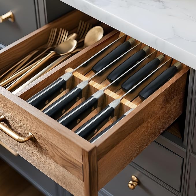 Utoplike Knife Drawer Organizer Bamboo Knives Block for Kitchen, Large Handle Steak Holder, Fit for 9 Knives (Not Included) - Image 5