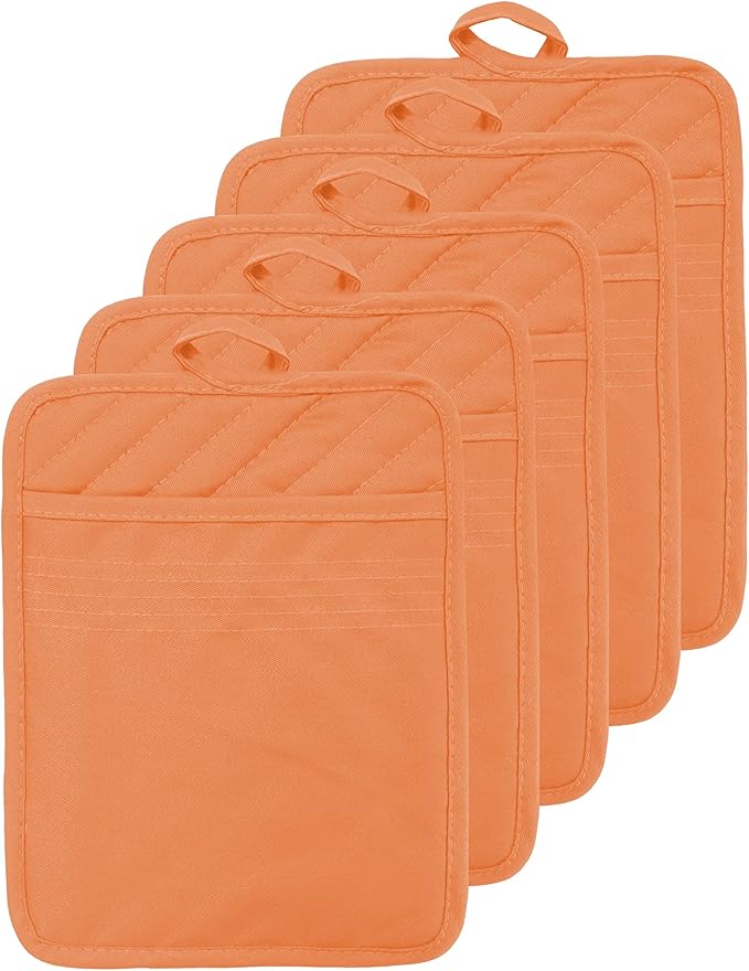 Oven Pot Holder with Pocket Cotton Heat Resistant Coaster Potholder Kitchen Hot Pad Oven Mitts for Cooking Square 7"x9"Set of 5 (Orange) by VEIKERY