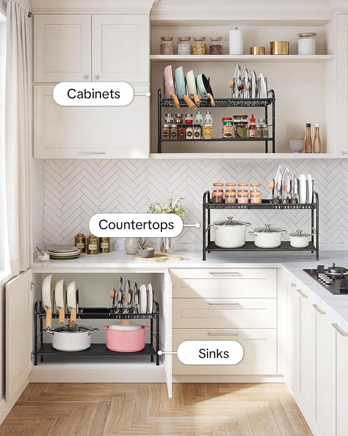 HULISEN Pots and Pans Organizer Under Cabinet, Expandable 2-Tier Pots and Pans Lid Storage Rack Holder with 10 Dividers, Adjustable Height Under Sink Organizer, Maximize Kitchen Storage Space - Image 6