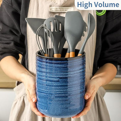 HASENSE Ceramic Utensil Holder Set of 2 (7.4"+5.5"), Modern Farmhouse Kitchen Utensil Crocks for Countertop, Blue Kitchen Tool Organizer for Spatulas, Whisks, Tongs & Cooking Tools