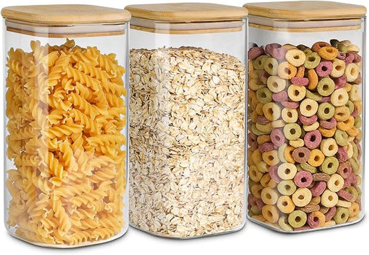 ComSaf Airtight Glass Storage Canister with Wood Lid (1.6 Qt), Clear Food Storage Container Jar with Sealing Lids for Oat Pasta Flour Cereal Rice Sugar Tea Coffee Beans, Set of 3 Square Cookie Jar by ComSaf