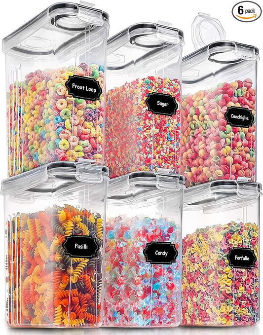 PRAKI Large Dry Food Storage Containers with Lids, 6PCS Airtight Cereal Containers Storage Set, Leak-proof Canister Set for Kitchen Pantry Organization with 20 Labels & Marker (4L Black) by PRAKI