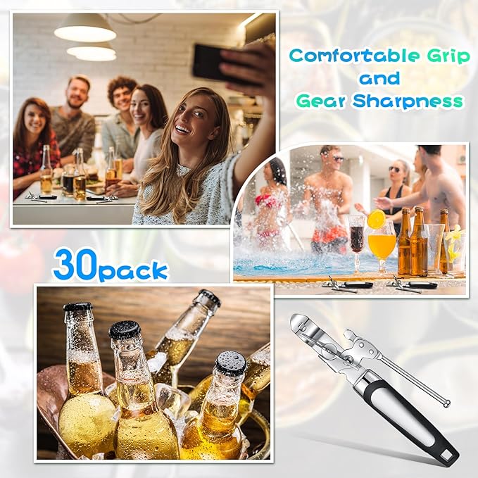 Gisafai 30 Pcs Can Opener Manual Bulk Smooth Edge with Sharp Blade and Soft Non Slip Grip Handle Heavy Duty Handheld Safety Can Opener, Black and Silver - Image 3