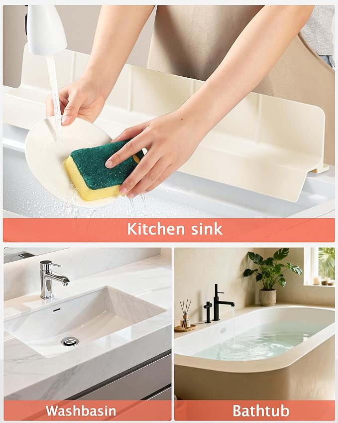 Kitchen Sink Splash Guard 30" 18" 23" Self-Draining Silicone Water Guard with High Splash Wall & Strong Suction Cups for Faucet, Countertop & Sink Edge, Keeps Sinks Dry, Dishwasher Safe,Cream