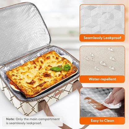 Lifewit Insulated Single Decker Casserole Carrier, Lasagna Lugger Holder for Hot or Cold Food, Fits 9" x 13" Baking Dish, Thermal Lunch Tote Bag for Potluck Parties, Picnic and Cookouts, Cream