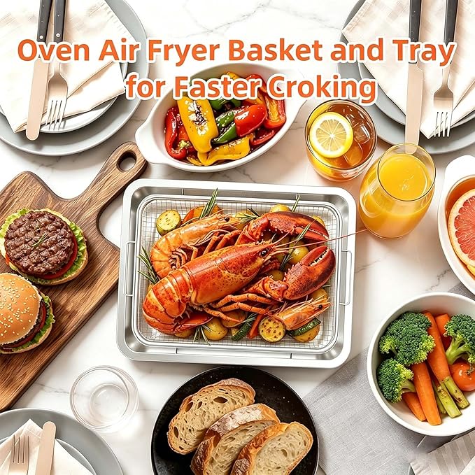 2Pcs Stainless Steel Oven Air Fryer Basket and Tray Replacement for Cuisinar TOA-060 and TOA-065 Toaster Oven Deep Fryer Parts & Accessorie, 12.4"x11" Baking Sheet Tray Pan for Cooking Bread Broiling