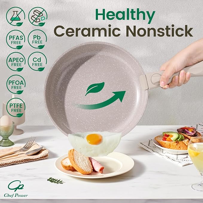 Chef Power Ceramic Nonstick Pots and Pans Set 19 Piece with Detachable Handle, Induction Dishwasher Oven Safe Cookware Set, RV Kitchen Set Removable Handle, Mocca Taupe - Image 4