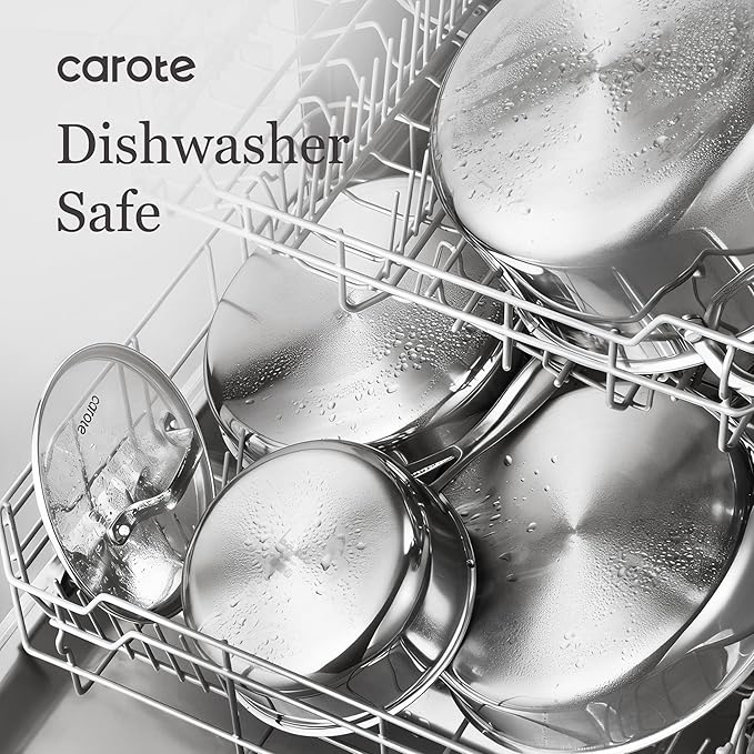 CAROTE 21pcs Tri-Ply Stainless Steel Cookware Set, Pots and Pans Set, Non Toxic Induction Kitchen Cooking Sets, Cookware Collection, Mirror Polish, Silver - Image 7