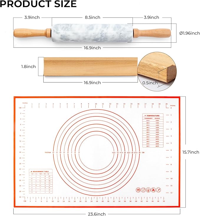 Marble Rolling Pin with Non-Stick Silicone Mat & Wood Base, 16.9-Inch Heavy Weight Dough Roller for Pizza Crust, Cookies, Pasta, Fondant, Pastry Polished Non-Stick Surface White (WH076)