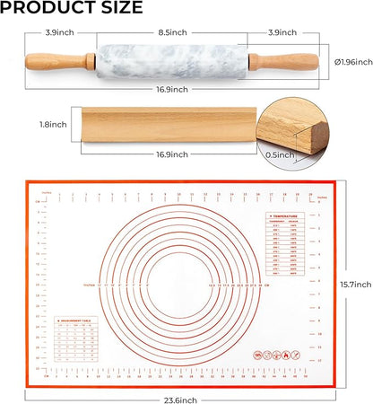 Marble Rolling Pin with Non-Stick Silicone Mat & Wood Base, 16.9-Inch Heavy Weight Dough Roller for Pizza Crust, Cookies, Pasta, Fondant, Pastry Polished Non-Stick Surface White (WH076)