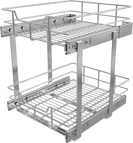 2 Tier Pull Out Cabinet Organizer 15" W X 17" D, Slide Out Drawers for Kitchen Cabinets, Pull Out Drawers for Cabinets Capacity Heavy Duty Caddy, Cabinet Pullout Shelves Chrome-Plated,Bathroom Pantry by STORKING