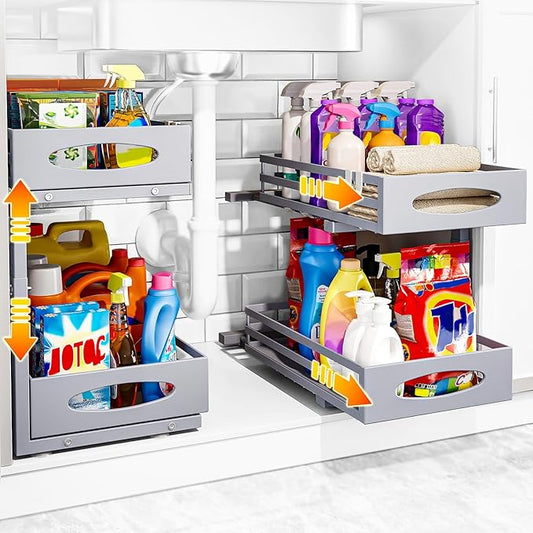 Under Sink Organizer, 2 Tier Under Sink Organizers and Storage, Adjustable Height, Slide out Metal Cabinet Organizers, Pull out Cabinet Storage Drawer Shelf for Kitchen Bathroom (Gray, 2 Pack) by MIXESHOP