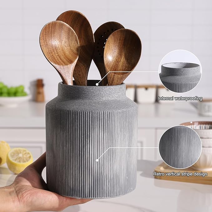 Farmhouse Ceramic Farmhouse Kitchen Utensil Holder for Countertop, Rustic Cooking Utensil Holder Crock Fit for Kitchen Counter.Grey 6.1 x 6.1 x 7 IN - Image 4