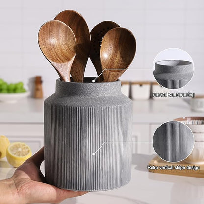 Farmhouse Ceramic Farmhouse Kitchen Utensil Holder for Countertop, Rustic Cooking Utensil Holder Crock Fit for Kitchen Counter.Grey 6.1 x 6.1 x 7 IN - Image 4