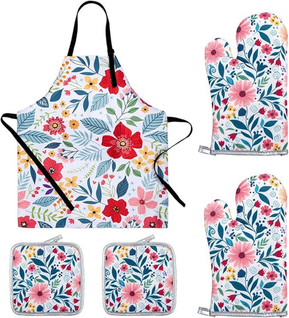 Floral Apron and Oven Mitt Set 5 Piece,Pioneer Woman Style Kitchen Aprons with Pockets, Heat Resistant Oven Gloves and Pot Holders Trivets, Vintage Farmhouse Decor Cooking Baking Gifts.