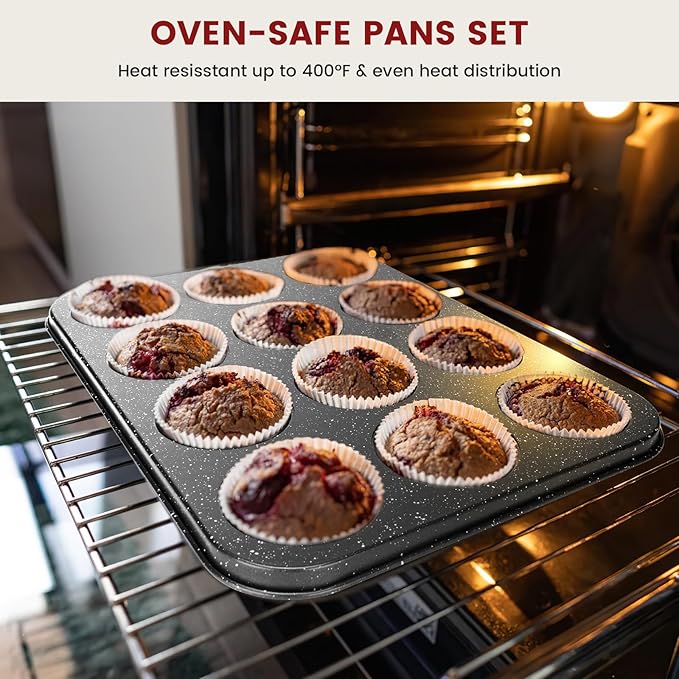 Terlulu 10-Piece Baking Pans Set, Bakeware Sets Nonstick, Baking Set for Oven Cooking, Stackable Carbon Steel Set Include Cookie Sheets, Muffin Pan, Cake Pan, Pizza Pan, Loaf Pan, Roasting Pan, Black