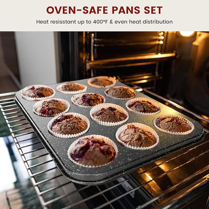 Terlulu 10-Piece Baking Pans Set, Bakeware Sets Nonstick, Baking Set for Oven Cooking, Stackable Carbon Steel Set Include Cookie Sheets, Muffin Pan, Cake Pan, Pizza Pan, Loaf Pan, Roasting Pan, Black